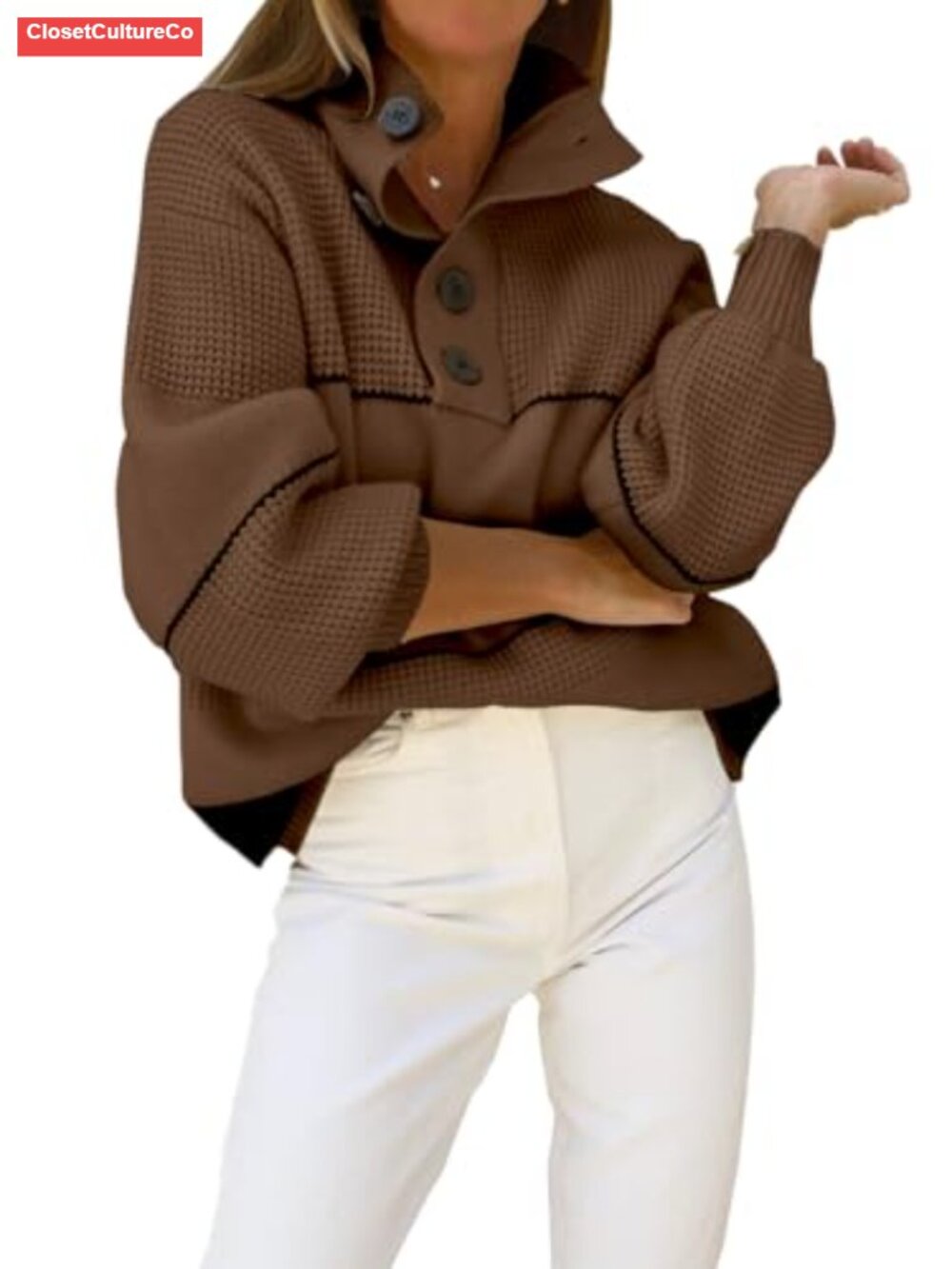 Waffle Knit Sweater Oversized Slouchy 1/2 Button Polo Collared Pullover